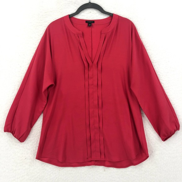 Ann Taylor Tops - Ann Taylor Womens 10 Red Popover Blouse Pintuck Split V-Neck Long Sleeve Top